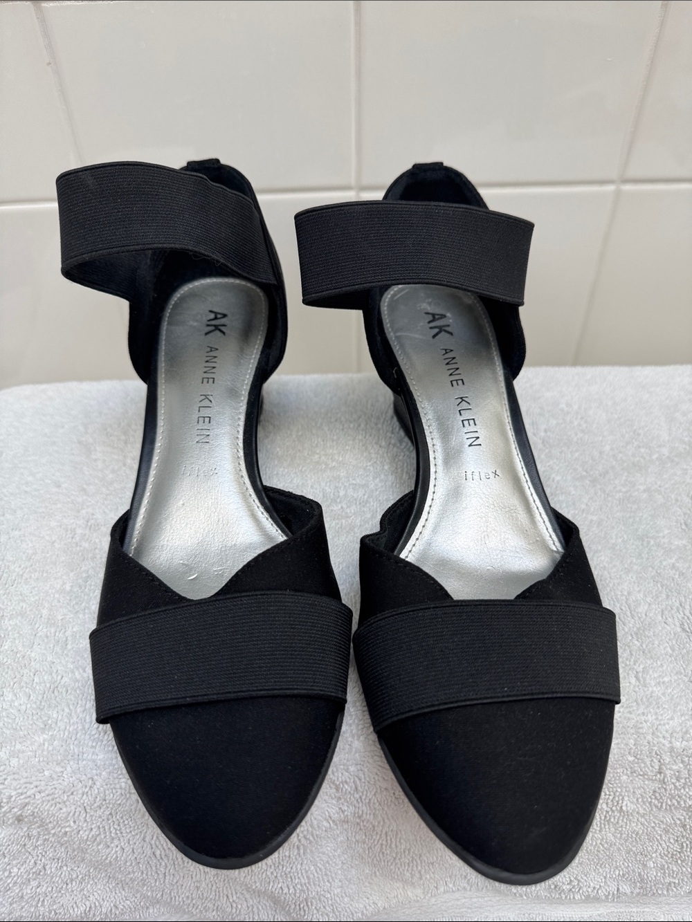Anne Klein Black Canvas Pointed-Toe Elastic Strap Heels